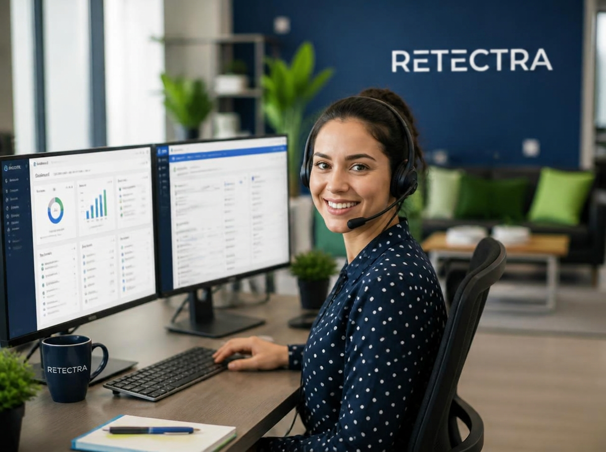 ReTectra customer support specialist wearing a headset at a dual-monitor workstation